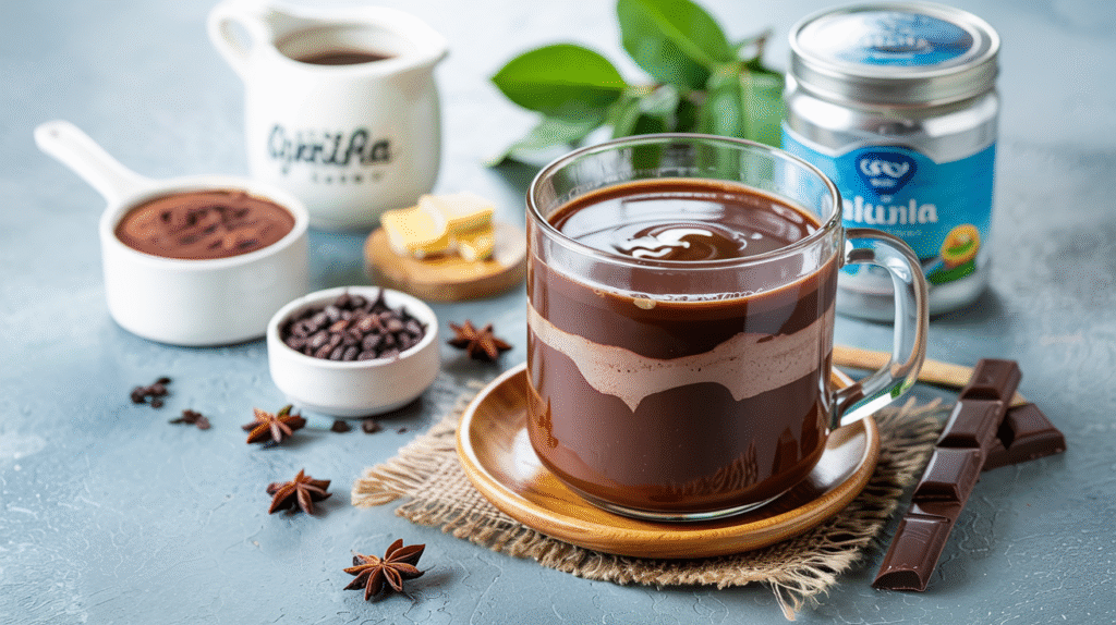 Uma versão indulgente de chocolate quente que mantém toda a riqueza e profundidade de sabor sem os carboidratos do açúcar! O cacau não adoçado proporciona aquelas notas intensas e complexas de chocolate que tanto amamos, enquanto a baunilha adiciona uma camada aromática que eleva esta bebida a uma experiência verdadeiramente especial